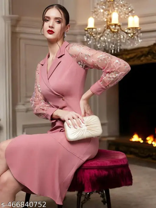 Miss Chase  Women's Dusty Pink & Golden Solid Embroidered Double Breasted Knee Length Dress