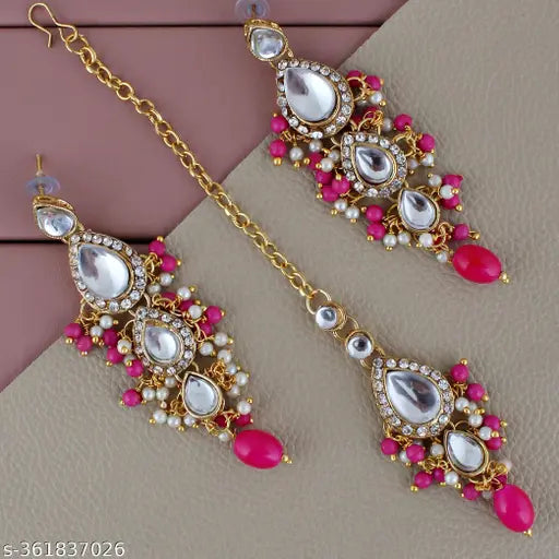 Lucky Jewellery Gold Plated White Magenta Color Tika Earring Necklace Combo Kundan Jewellery Set
