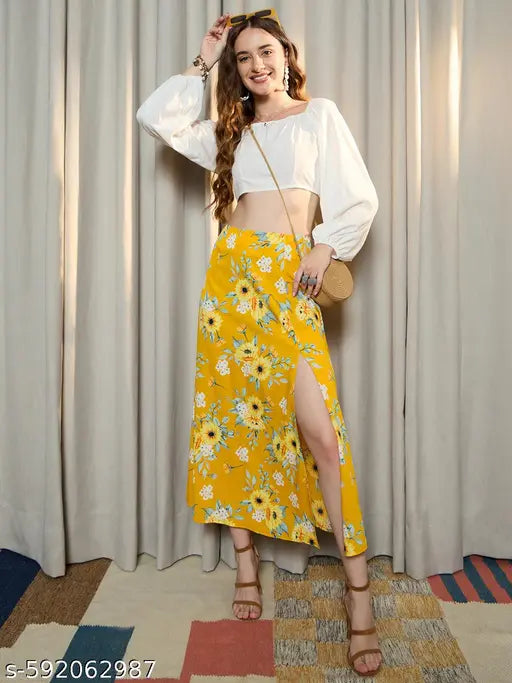 Berrylush Women Yellow & Green Floral Printed High-Rise Waist Slip-On Thigh-High Slit Straight Hem A-Line Midi Skirt