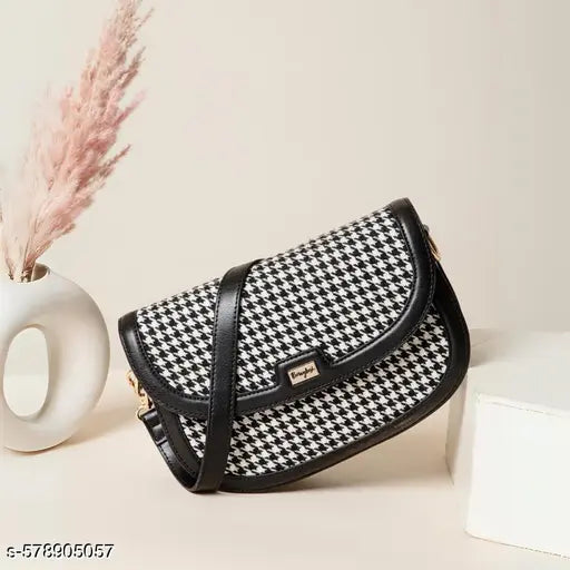 Berrylush Women Black & White Houndstooth Printed Fabric Detachable Strap Button-Up Regular Sling Bag