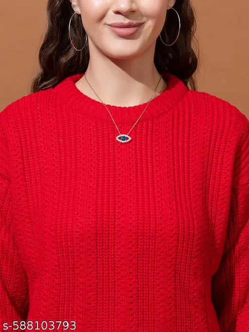 Wear lusso Women Round Neck Solid Full Sleeve Woolen Winter Pullover Red Sweater