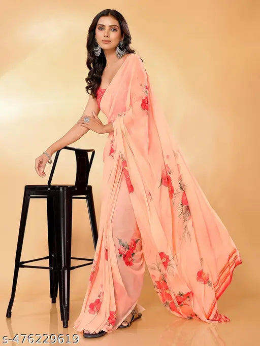 Janasya Women's Peach Georgette Floral Printed Daily Wear Saree with Blouse Piece