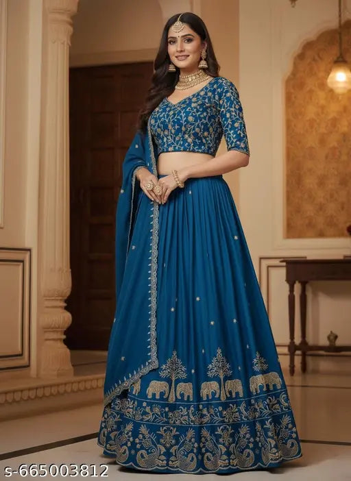 Premium Chinon Embroidered Lehenga Choli with Elephant Motif & Dupatta - Teal Blue