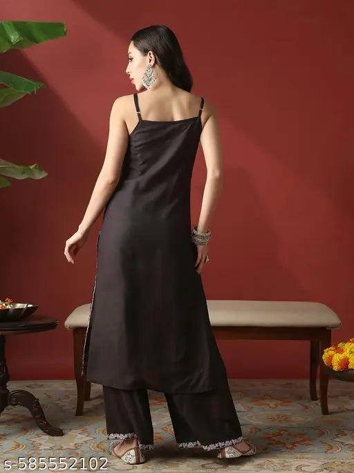 Globus Women Black Round Neck Strappy Shoulder Floral Embroiered Straight Kurta With Wide Leg Pants Festive Set