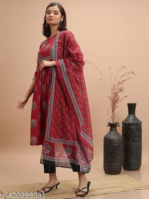 Ketch Women Red Printed Kurta With Trouser & Dupatta