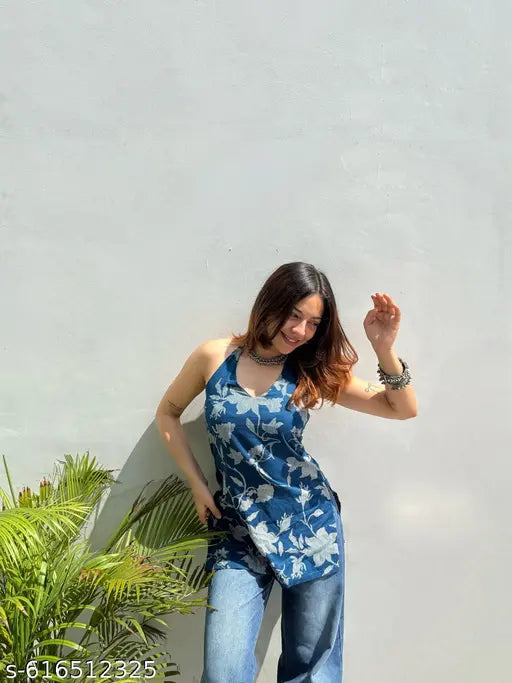 Anni Designer Women's Rayon Viscose Blue Sleeveless Kurti with Beautiful Floral Printed Work, Elegant Ethnic Top for Festive, Casual & Daily Wear, Stylish Designer Kurta for Women and Girls