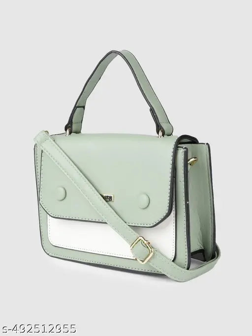 Fastrack Green & White Colourblocked Structured Satchel with Detachable Sling Strap