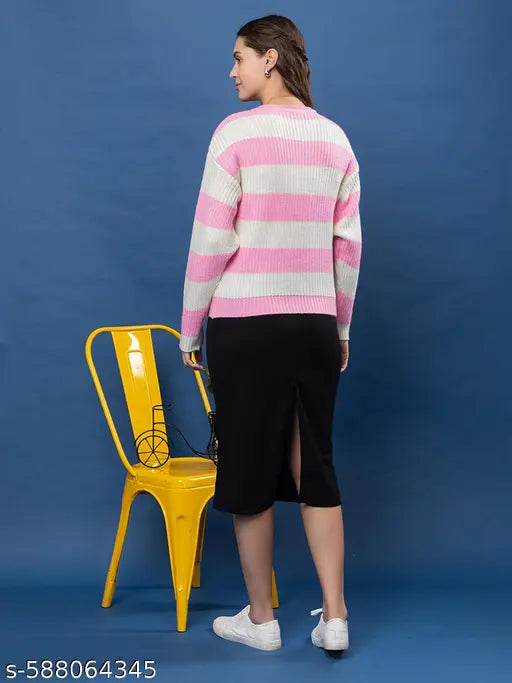 Wear Lusso Women’s Striped Design Round Neck Winter Wear Sweater