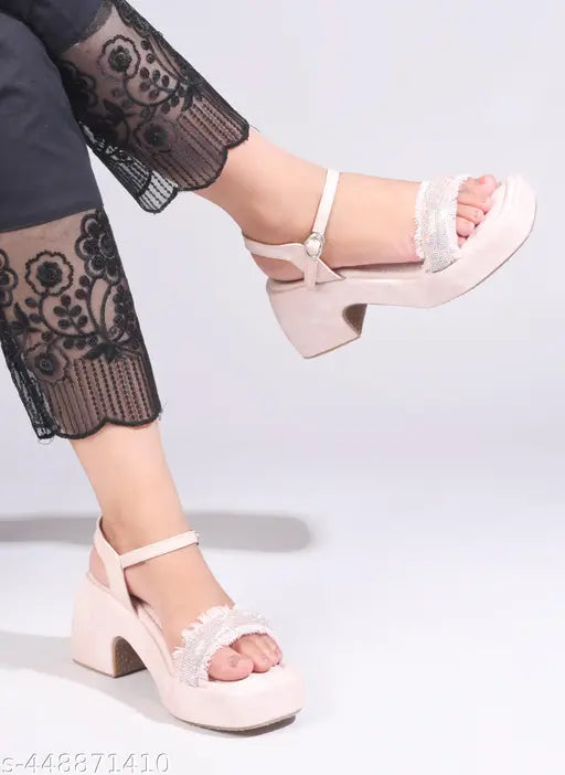 JM LOOKS Textured Block Heels with Rhinestone Strap