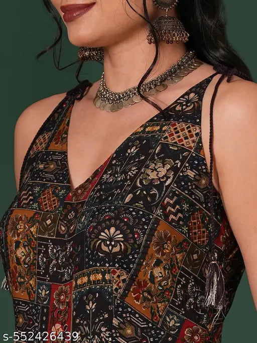 Globus Women Blue V-Neck Tassel Tie-Up Shoulder Straps Ethnic Floral Print Flared Fusion Jumpsuit