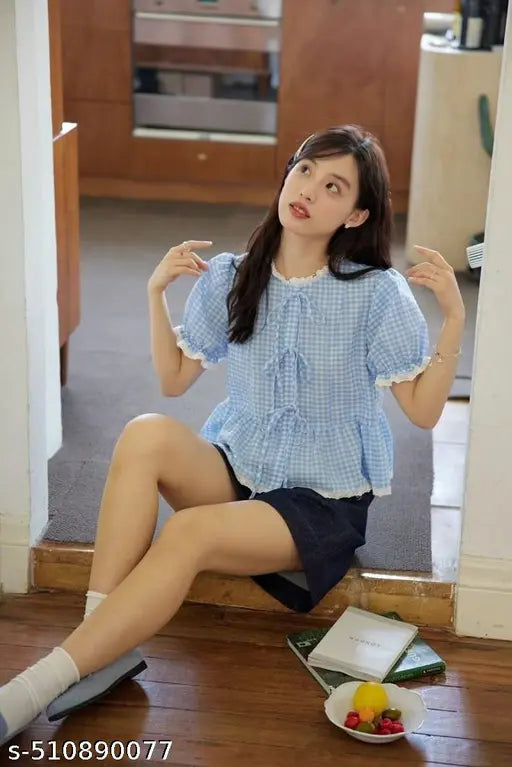 Trendy Women's Summer Plaid Shirt Bow Tie Front Cute Puff Sleeve Peplum Ruffle Babydoll Blouse Lace Up Summer Going Out