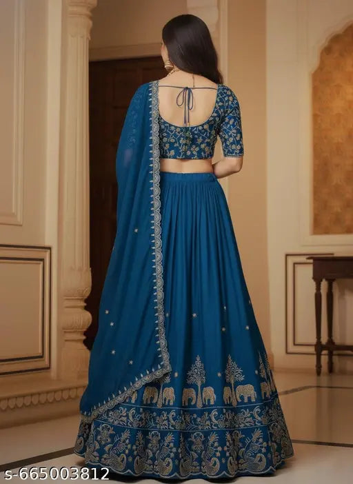 Premium Chinon Embroidered Lehenga Choli with Elephant Motif & Dupatta - Teal Blue