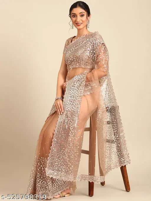 Women's Net Embroidery Work Saree With Unstitched Blouse Piece