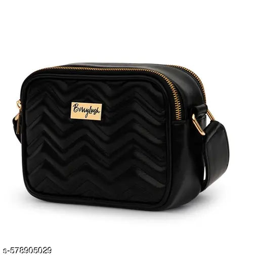 Berrylush Women Solid Black Non-Detachable Strap PU Quilted Crossbody Sling Bag