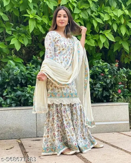 Womens Rayon Printed Short Kurti Sharara with Dupatta Set | Kurta Sets| Kurti Pant Set