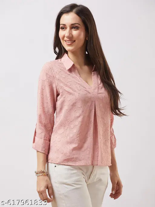 Globus Women Pink Collared V-neck Roll-up Sleeves Floral Self Design Shirt Style Top