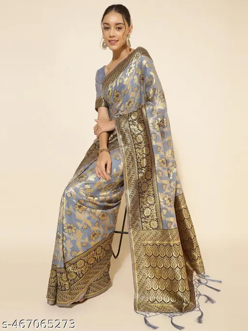 Janasya Women's Grey Chanderi Silk Floral Saree with Unstitched Blouse Piece