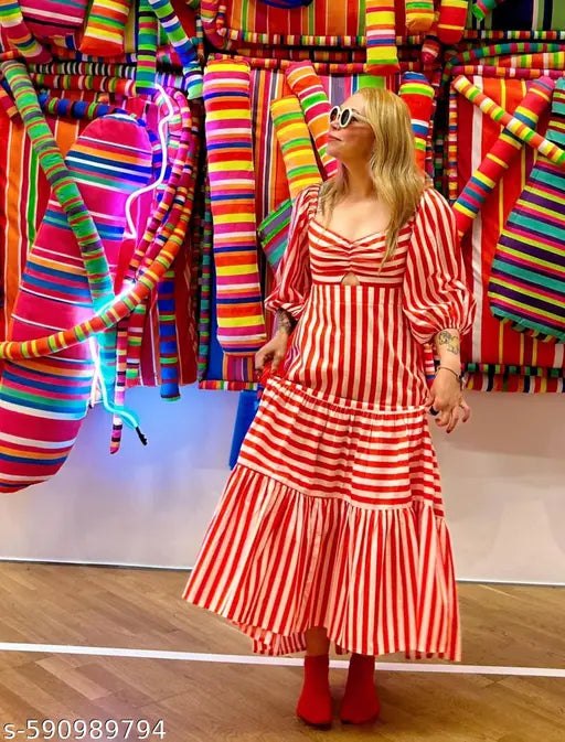 Honky Tonky Red & White Striped Puff Sleeve Maxi Dress
