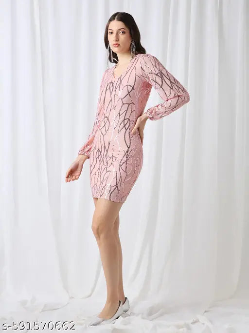 Globus Women Pink V-Neck Bishop Sleeves Embellished Mini Bodycon Party Dress