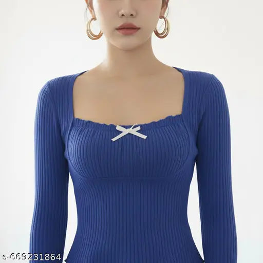 Quintessentials Blue Ribbed Long Sleeve Top with Bow Detail