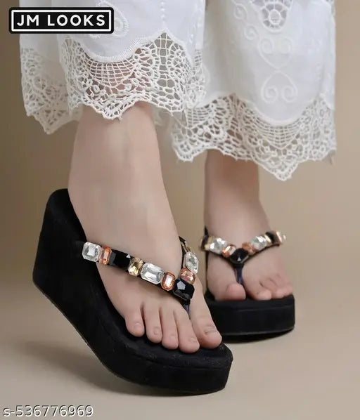 JM Looks Women's Rhinestone Sandals High | Low Platform T-Strap Jewel Sandals High Wedge Flip Flops Sandal Summer Beach Sandal