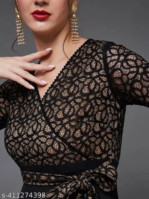 Miss Chase Women's Black Self-Designed Relaxed Fit V-Neck 3/4th Sleeve Georgette And Lace Maxi Dress