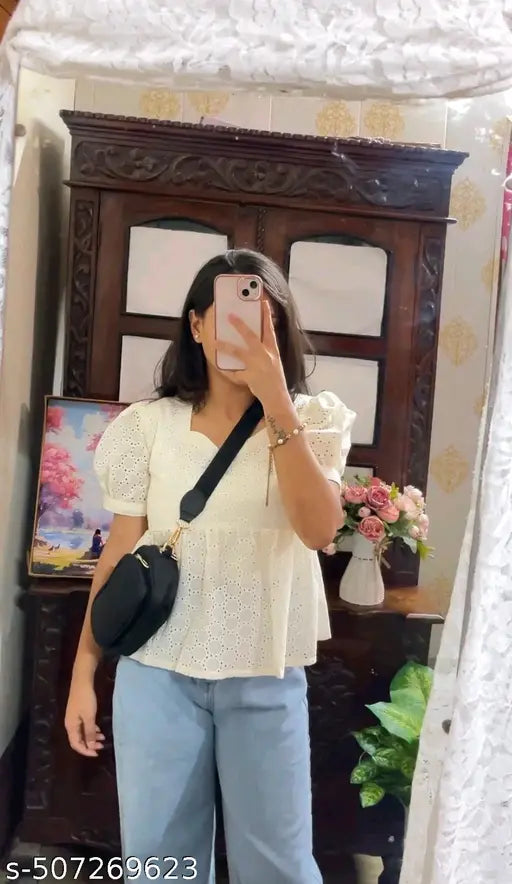 Flaired Cream Hakoba Cotton Top