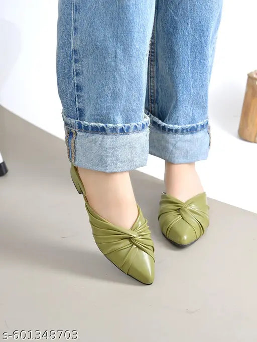 NZS Elegant Olive Green Knot-Front Slip-On Flats For Women & Girls