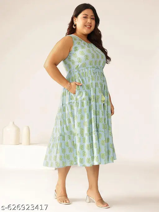Janasya Women's Plus Size Light Blue Pure Cotton Ethnic Motifs Printed Tiered Dress
