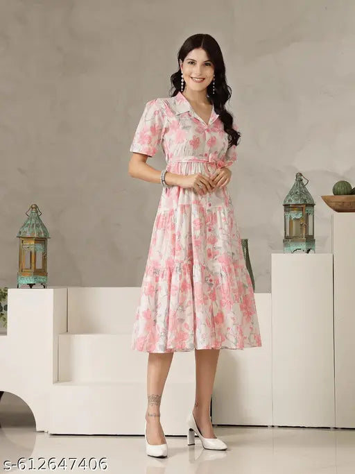 Honky Tonky Pink & White Floral Printed Tiered Dress for Women