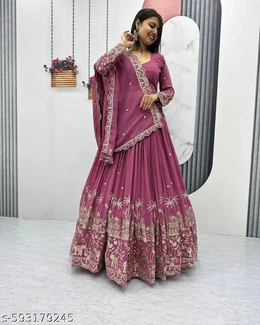Pink Color Embroidery Work With Silk Lehenga Choli