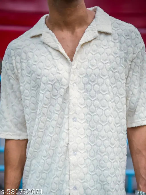 Maniac Mens Solid Puff Textured Collared Neck Cream Shirt