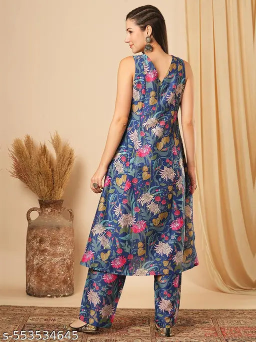 Globus Women Blue V-Neck Floral Print Inverted Pleat Panelled A-Line Kurta With Straight Pants Fusion Set