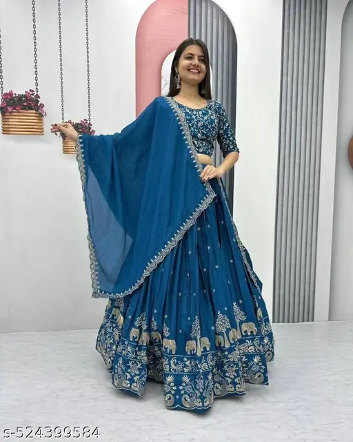 Blue Color Embroidery Work With Silk Lehenga Choli
