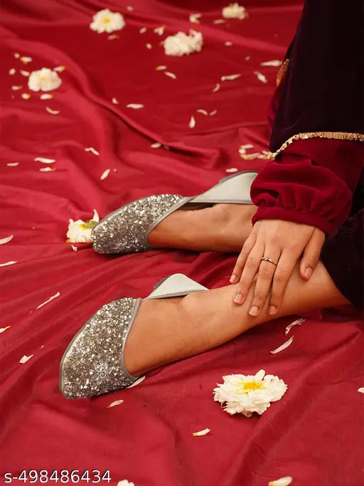 JM Looks Women's Handcrafted Glitter Juttis | Embellished Slip-On Flats | Stylish & Comfortable for Festive & Party Wear(White)