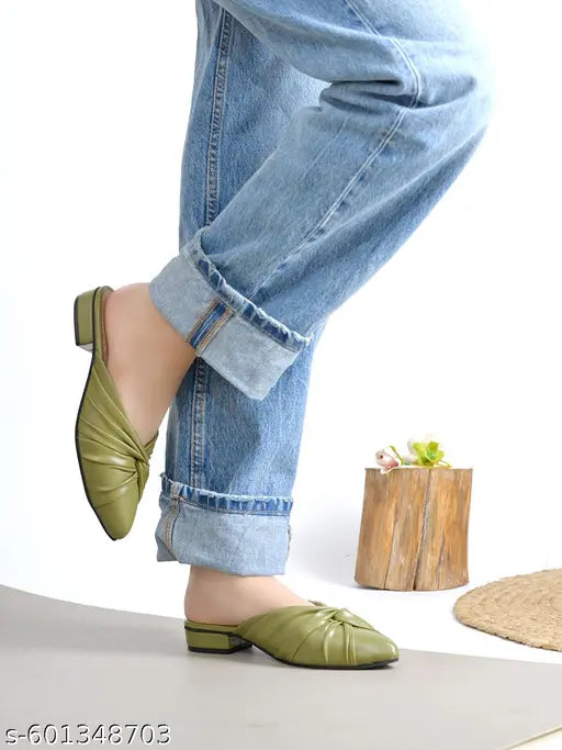 NZS Elegant Olive Green Knot-Front Slip-On Flats For Women & Girls