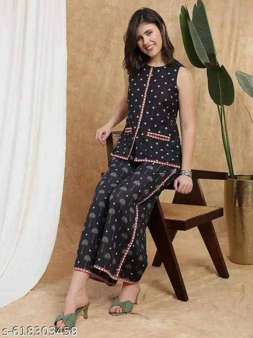 Globus Women Black Round Neck Mandarin Collar Ethnic Print Flared Tunic & Palazzos Fusion Co-Ord Set