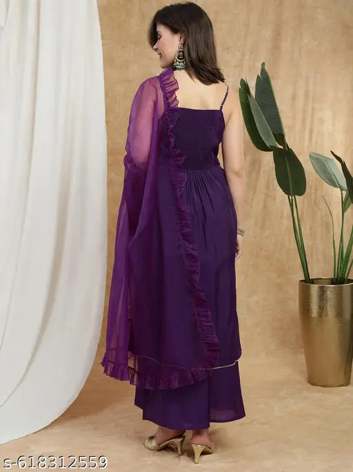 Globus Women Purple Square Neck Strappy Sleeves Sequin Detail Gotta Lace Hem A-Line Kurta With Palazzos & Frill Dupatta Festive Set