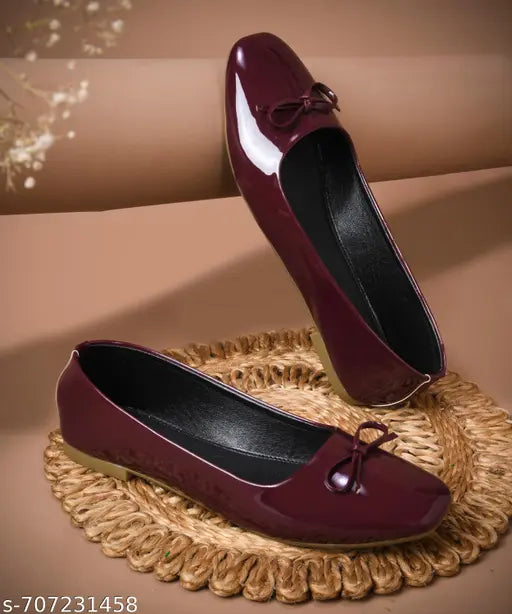 Women Glossy squre Toe Ballerina Flats Featuring Delicate Front Bow Detail and Cushioned Insole Support