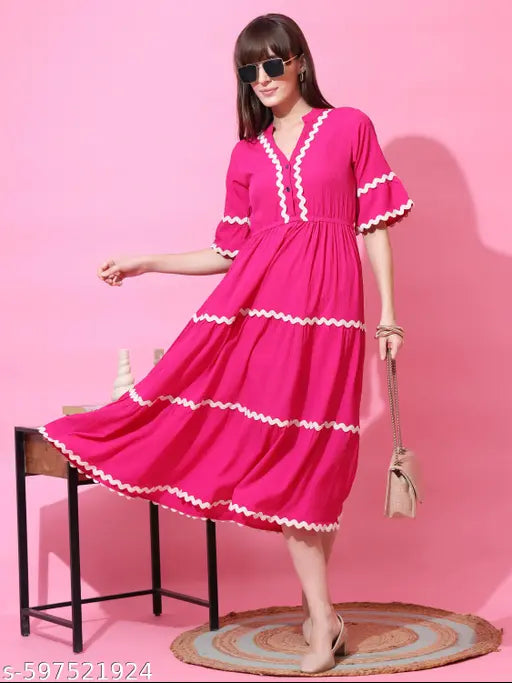 Honky Tonky Pink Tiered Fit & Flare Midi Dress with White Wavy Trim and Half Sleeves