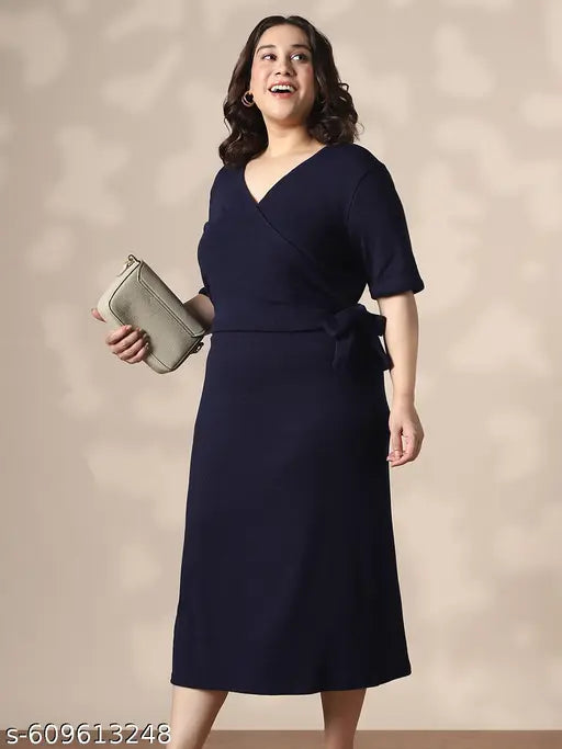 Globus Gloplus Women Navy Blue Wrap V-Neck Waist Tie-Ups Ribbed Plus Size Midi Sheath Dress