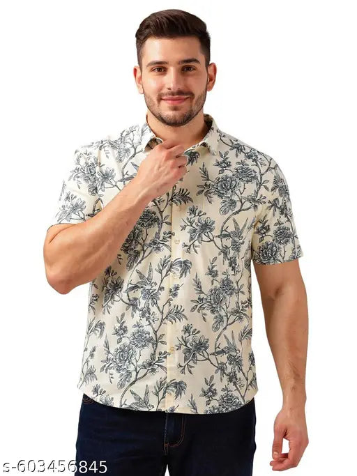 BULLMER Cream Trendy Regular Fit Printed Causal Plus Size Half sleeve Plus Size Shirt For Men | Men’s Shirts in Plus Sizes only