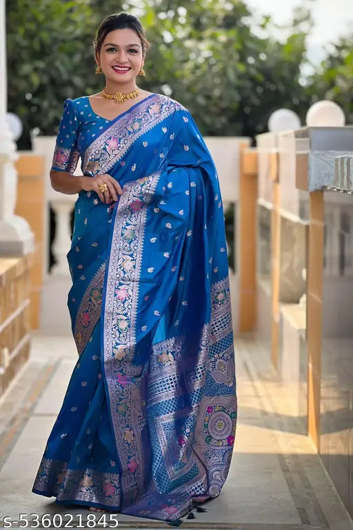 ROOP LAVANYA Light Blue Kanjeevaram Pure Soft Silk Saree With Unstiched Blouse Piece