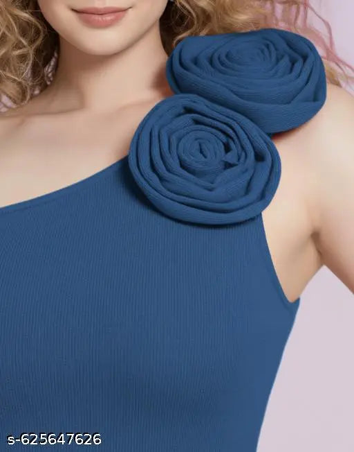 Ekeshwara Women's One-Shoulder Blue Bodycon Dress with Floral Appliqué