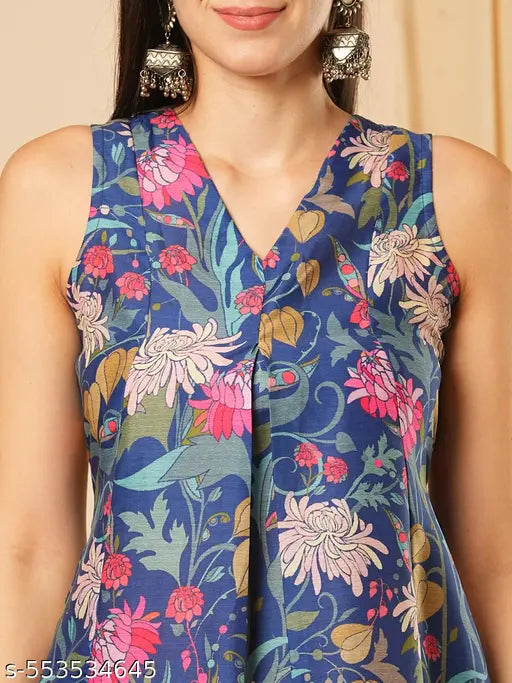 Globus Women Blue V-Neck Floral Print Inverted Pleat Panelled A-Line Kurta With Straight Pants Fusion Set