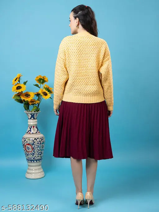 Wear Lusso Women’s Knitted Textured Turtle Neck Full Sleeve Winter Pullover Yellow Sweater