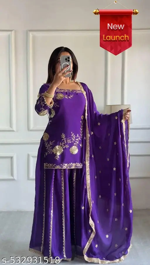 Pure Heavy  Chinon  Silk fabric  With Heavy Embroidery Multi Needle Sequence Work With Full Embroidery Sleeve and sharara for girls