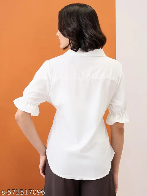 Globus Women White Shirt Collar Puff Sleeves Solid Waist Tie-Up Workwear Peplum Top