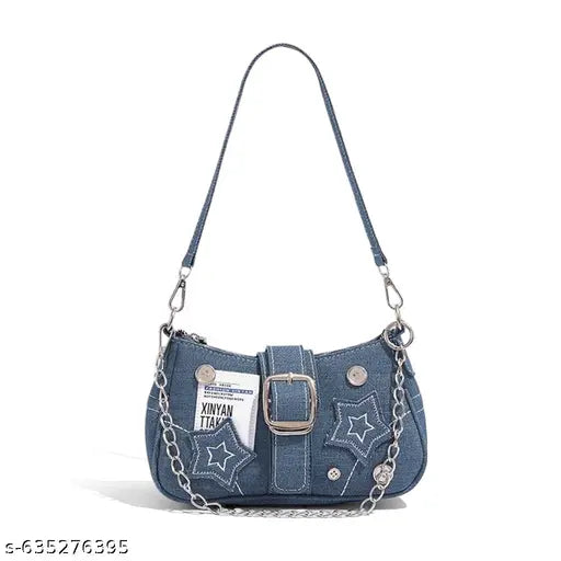 Chic Canvas Shoulder Bag for Girls with Chain Charm Small Hobo Bag Y2K Star Patchwork Handbag Blue