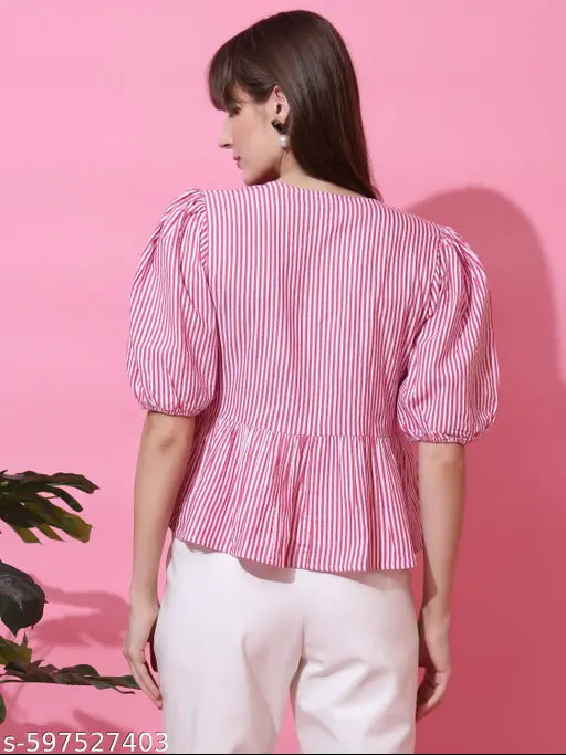 Honky Tonky Women’s Pink & White Striped Peplum Top with Front Tie-Up Bows and Puff Sleeves